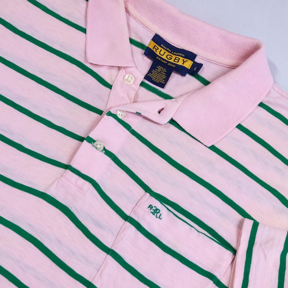 Rugby Ralph Lauren Polo Shirt Men's L Pink Green Stripe Y2K Preppy Cotton